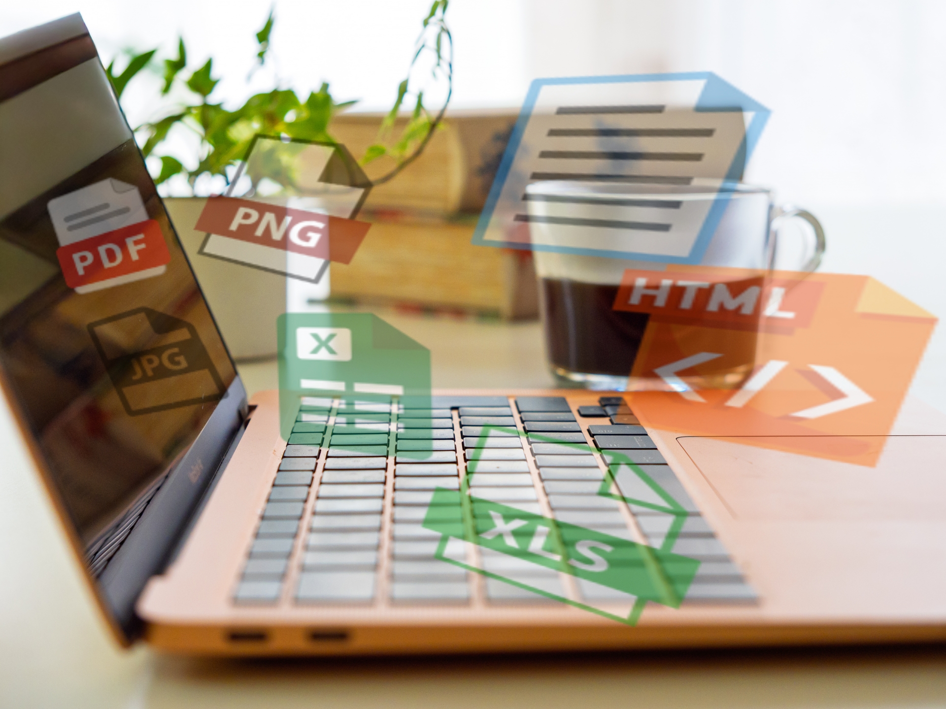Laptop keyboard with translucent file-format icons (PDF, PNG, HTML, XLS) floating above the keys, suggesting documents or downloads.