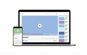 Laptop and smartphone showing a video player UI with a large blue video area, a central play button, and a right-side thumbnail / playlist panel.