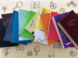Colorful notebooks stacked in a fan shape on a light background with hand-drawn educational doodles around them.
