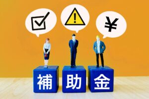 Three figurines stand on blue blocks that spell 補助金, with speech bubbles showing a checkmark, a warning triangle, and a yen symbol against an orange background.