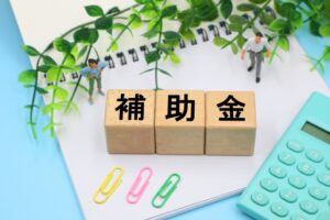 Wooden blocks spell 補助金 (subsidy) on a desk, with a calculator, notebook, colorful paperclips, small model people, and green plants in the background.