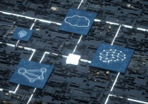 Abstract data-center scene with blue panels showing a cloud icon, network nodes, and connectivity lines and glowing circuits in the background.