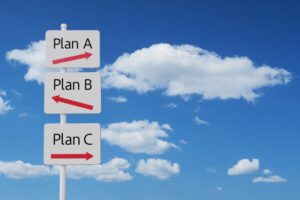 Three stacked signs labeled Plan A, Plan B, and Plan C with red directional arrows on a blue sky backdrop.