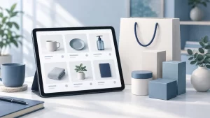 商品カタログを表示したタブレットと包装資材のイメージ