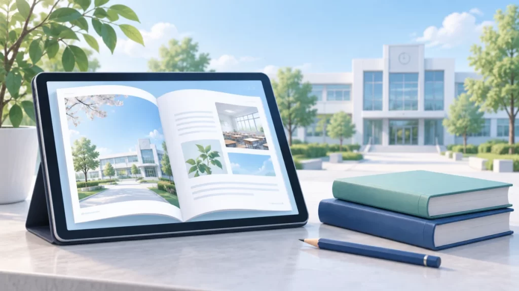 校舎と教材を背景にタブレットで学校案内を読むイメージ