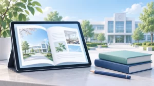 校舎と教材を背景にタブレットで学校案内を読むイメージ