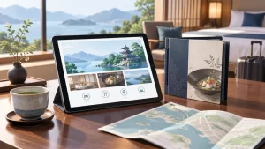宿泊施設で観光案内やメニューをタブレットで確認するイメージ