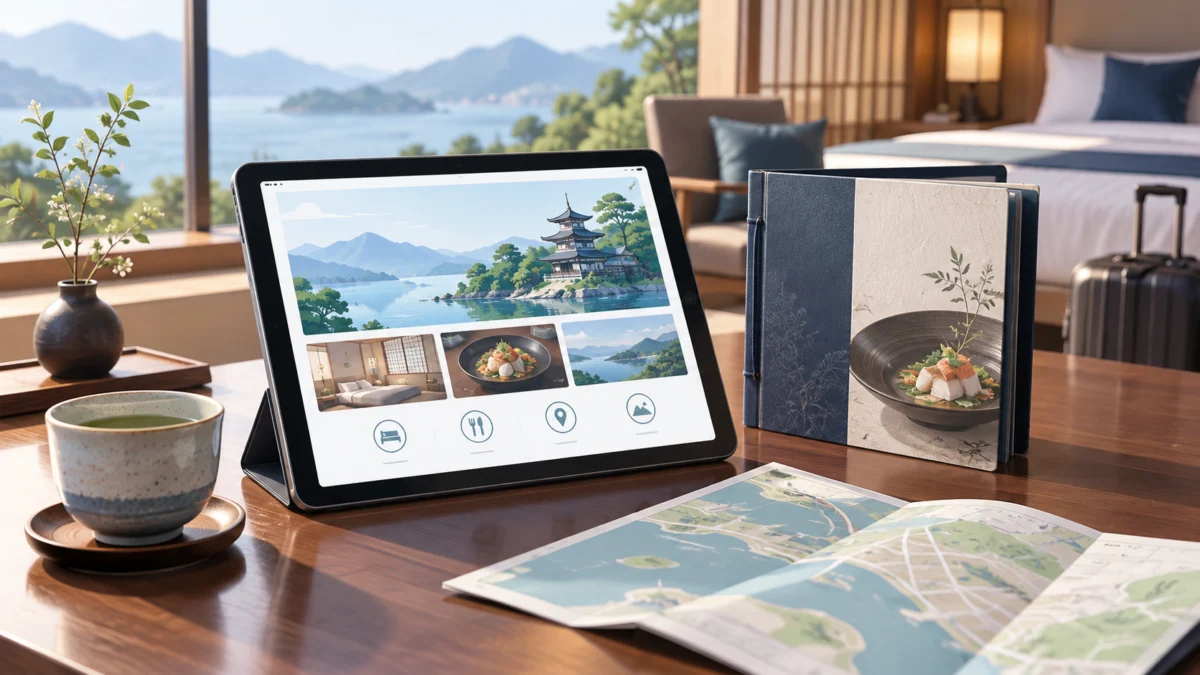 宿泊施設で観光案内やメニューをタブレットで確認するイメージ