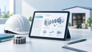 製造業の技術資料を表示したタブレットと部品・ヘルメットのイメージ