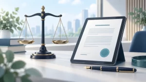 文書の法的な確認を表す天秤とタブレットのイメージ
