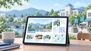 地域の街並みと観光・行政情報を表示したタブレットのイメージ