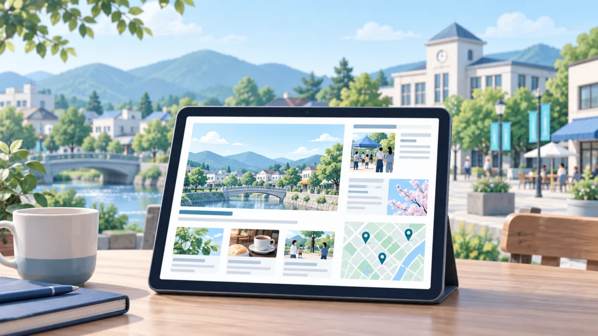 地域の街並みと観光・行政情報を表示したタブレットのイメージ